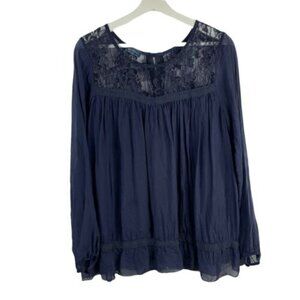 GIULIA Women's Small Navy Blue 100% Silk Made in Italy Long‎ Sleeve Blouse Lace